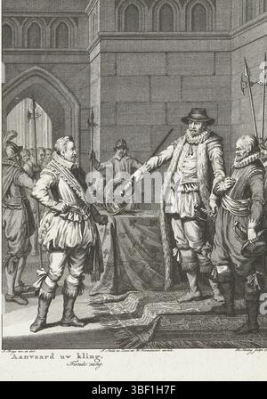 Amsterdam, Smit, Jan Willem, Amsterdam, J. Vermandel, Willem, Buys, Jacobus, Noordelijke Nederlanden, Koning, Theodoor, Taferelen uit het leven van Prinz Willem I., 1568-1584, nimmt deine Klinge an, Oranje gibt Bossu te Hoorn sein Schwert zurück, 1573, Nordholland, Willem van Oranje gibt Bossu sein Schwert zurück, 1573. Zehnter Gesang, Print, History Print, Prints, Frederik Müller Historyplates, Höhe 275 mm, Breite 220 mm, 1748-02-03-1829-01-31, Druckmaschine, 1781-1781, viertes Quartal 18. Jahrhundert, Papier, Ätzen, Ätzen, Work Conception, Noord-Nederlands, 19. 11. 1724. 04. 1801, nach DE Stockfoto