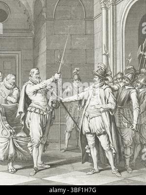 Buys, Jacobus, Buys, Nordholland, King, Theodoor, Szenen aus dem Leben von Prinz Willem I., 1568–1584, Gefangener des Grafen von Egmond, Anno 1567, Egmond gibt sein Schwert an Alva, 1567, als er verhaftet wurde, übergab der Earl of Egmond sein Schwert an Alva, 10. September 1567. Zweiter Gesang., Druck, Historiker, Drucke, Frederik Müller historische Aufzeichnungen, Höhe 185 mm, Breite 150 mm, 1748-02-03-1829-31, Printmaker, 1779 - 1779, viertes Viertel 18. Jahrhundert, Papier, Ätzen, Ätzen, Werkkonzeption, Noord-Nederlands, 19. 11. 1724. 04. 1801, nach Entwurf eines zwischengeschalteten Dramaturgen Stockfoto