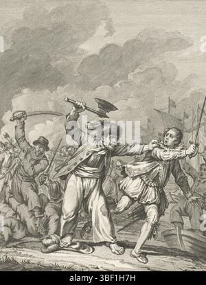 Buys, Jacobus, Buys, Nordholland, King, Theodoor, Bilder vom Leben von Prinz Willem I., 1568-1584, Schlacht zwischen B. Entes und Agulo, Ao. 1572, Schlacht zwischen Barthold Entes und Agulo bei Vlissingen, 1572, Schlacht zwischen dem mit Axt bewaffneten Wassergeus Barthold Entes und dem Spanier Agulo bei Vlissingen, 1572. Fünfte Stimme., Druck, Historiker, Drucke, Frederik Müller historische Aufzeichnungen, Höhe 185 mm, Breite 150 mm, 1748-02-03-1829-31, Printmaker, 1780 - 17800, viertes Viertel 18. Jahrhundert, Papier, Ätzen, Ätzen, Werkkonzeption, Noord-Nederlands, 19. 11. 1724. 04. 1801, nach Entwurf von: Stockfoto