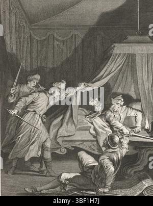Buys, Jacobus, Buys, Nordholland, King, Theodoor, Orte aus dem Leben von Prinz Willem I., 1568-1584, Angriff von Alva, auf den Prinzen von Orange, Ao. 1572, gescheiterter Angriff auf den Prinzen von Orange, 1572, schlafend in seinem Heereszelt bei Bergen (Hennegau), wird durch das Bellen seines Hundes am 11-12. September 1572 geweckt. Siebte Stimme., Druck, Historiker, Drucke, Frederik Müller History Records, Höhe 185 mm, Breite 150 mm, 1748-02-03-1829-31, Printmaker, 1780 - 17800, viertes Viertel 18. Jahrhundert, Papier, Ätzen, Ätzen, Werkkonzeption, Noord-Nederlands, 19. 11. 1724. 04. 1801, nach Entwurf von: Stockfoto