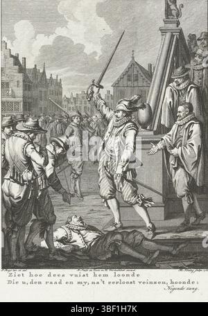 Amsterdam, Smit, Jan Willem, Amsterdam, J. Vermandel, Willem, Buys, Jacobus, Noordelijke Nederlanden, Koning, Theodoor, Taferelen uit het leven van Prinz Willem I., 1568-1584, siehe, wie Dees Faust ihn belohnt hat, die u, den Raad en my, na't unehrenhaft feignen shouden:, Ruychaver bij het Corpse van een spanishaarde Counselman te Alkmaar, 1573, Nordholländische Niederlande, Nicolaas Ruychaver bij het corpse van spanhet spanhar 1573. Neunter Gesang, Druck, Historiker, Drucke, Frederik Müller Geschichtsplatten, Höhe 275 mm, Breite 220 mm, 1748-02-03-1829-31, Stockfoto