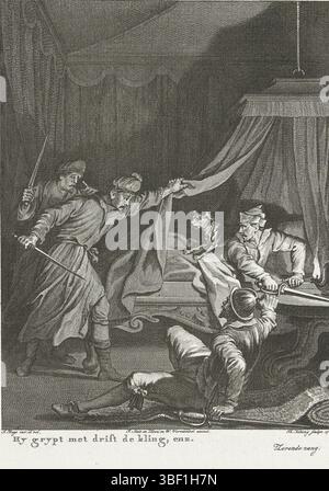 Amsterdam, Smit, Jan Willem, Amsterdam, J. Vermandel, Willem, Buys, Jacobus, Noordelijke Nederlanden, Koning, Theodoor, Taferelen uit het leven van Prinz Willem I., 1568–1584, Hy grypt traf Drift de kling, etc., gescheiterter Angriff auf den Prinzen von Orange, 1572, Nordholland, der in seinem Armeezelt in der Nähe von Bergen (Hennegau) schläft, wird von der Belle seines Hundes am 11-12. September 1572 geweckt. Siebte Stimme., Druck, Historiker, Drucke, Frederik Müller History Records, Höhe 275 mm, Breite 220 mm, 1748-02-03-1829-31, Printmaker, 1780 - 1780, viertes Viertel 18. Jahrhundert, Papier, Ätzen, Werk c Stockfoto