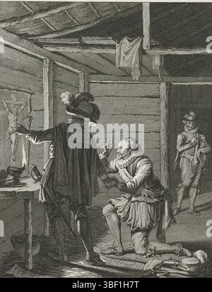 Buys, Jacobus, Buys, Nordholland, King, Theodoor, Taferels aus dem Leben von Prinz Willem I., 1568–1584, Het Verrat van Rennenberg, 1580, Het Verrat van Rennenberg. Rennenberg schwört nachts kniend für ein Bild von Christus am Kreuz, dem spanischen Glauben treu. Farnese ist direkt neben ihm. 1580. Zweiundzwanzigster Gesang., Druck, Historiker, Drucke, Frederik Müller historische Aufzeichnungen, Höhe 185 mm, Breite 150 mm, 1748 02-03 - 1829-01-31, Druckerei, 1787 - 1787, viertes Viertel 18. Jahrhundert, Papier, Ätzen, Arbeitskonzept, Noord-Nederlands, 19.11.1724, 19.04.1801, nach Entwurf durch, Vermittler d Stockfoto