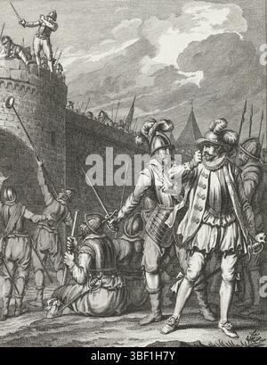 Buys, Jacobus, Buys, Nordholland, King, Theodoor, Bilder aus dem Leben von Prinz Willem I., 1568-1584, Mislkte list der Spanishen voor Leiden. Ao. 1574 lehnen die Führer das Brot ab, das die Spanier anbieten, 1574, die belagerten Führer lehnen das Brot ab, das von den Spaniern angeboten wird, 1574. 13 Stimmen., Druck, Historiker, Drucke, Frederik Müller historische Aufzeichnungen, Höhe 185 mm, Breite 150 mm, 1748-02-03-1829-31, Druckerei, 1782 - 1782, viertes Viertel 18. Jahrhundert, Papier, Ätzen, Werkkonzeption, Noord-Nederlands, 19. 11. 1724. 04. 07. 1801, nach Entwurf durch einen zwischengeschalteten Dramaturgen Stockfoto