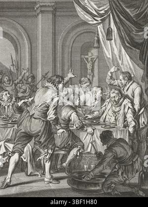 Buys, Jacobus, Buys, Noordelijke Nederlanden, Koning, Theodoor, Taferelen uit het leven van Prinz Willem I., 1568-1584, Death van den Landvoord Requestens, Ao. 1576, Death van Requestens, 1576, Nord-Niederlande, Death van Requesens. Der Gouverneur Requesens stirbt bei einem Bankett am 5. März 1576. Sechzehnte Stimme., Druck, Historiker, Drucke, Frederik Müller History Records, Höhe 185 mm, Breite 150 mm, 1748-02-03-1829-31, Printmaker, 1782 - 1782, viertes Viertel 18. Jahrhundert, Papier, Ätzen, Ätzen, Werkkonzeption, Noord-Nederlands, 19. 11. 1724. 04. 1801, nach Entwurf von Zwischendramaten Stockfoto