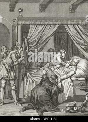 Buys, Jacobus, Buys, Nordholland, King, Theodoor, Bilder aus dem Leben von Prinz Willem I., 1568-1584, rankbedde van de Prins van Orange, Ao. 1574, Ziekbed van de Prince, 1574, Philipp von Marnix auf dem Krankenbett des Prinzen von Orange in Rotterdam, August 1574. Ein Junge hält dem Prinzen eine Flasche unter der Nase. 14. Gesang., Druck, Historiker, Drucke, Frederik Müller Historical Records, Höhe 185 mm, Breite 150 mm, 1748 02.02.03 - 1829-01-31, Druckerei, 1782 - 1782, viertes Viertel 18. Jahrhundert, Papier, Ätzen, Ätzen, Werkkonzeption, Noord-Nederlands, 19. 11. 1724. 04. 1801, nach Entwurf von Stockfoto