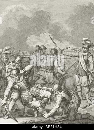 Buys, Jacobus, Buys, Nordholland, King, Theodoor, Bilder aus dem Leben von Prinz Willem I., 1568-1584, Tod von Charles van Boisot, Ao. 1575, Tod von Charles de Boisot, 1575, Tod von Charles de Boisot auf dem Schlachtfeld während einer Schlacht mit Mondragon, 29. September 1575. Siebzehnte Stimme., Druck, Historiker, Drucke, Frederik Müller History Records, Höhe 185 mm, Breite 150 mm, 1748-02-03-1829-31, Printmaker, 1785 - 1785, viertes Viertel 18. Jahrhundert, Papier, Ätzen, Ätzen, Werkkonzeption, Noord-Nederlands, 19. 11. 1724. 04. 1801, nach Entwurf eines zwischengeschalteten Dramaturgen Stockfoto