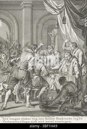 Amsterdam, Smit, Jan Willem, Amsterdam, J. Vermandel, Willem, Buys, Jacobus, Noordelijke Nederlanden, Koning, Theodoor, Taferelen uit het leven van Prinz Willem I., 1568–1584, Zyn cheekgen zinkenweg, zyn blijn bloonende ogen, Vershoon Yllings zich met Nebel overtogen, Dood van Requesens, 1576, Nordholland, Dood van Requesens. Der Gouverneur Requesens stirbt bei einem Bankett am 5. März 1576. Sechzehnte Stimme., Druck, Historiker, Drucke, Frederik Müller Geschichtsplatten, Höhe 180 mm, Breite 135 mm, 1748-02-03-1829-31, Druckmacher, 1782 - 1782, viertes Viertel 18. Jahrhundert, Papier, Ätzen, Ätzen, Stockfoto