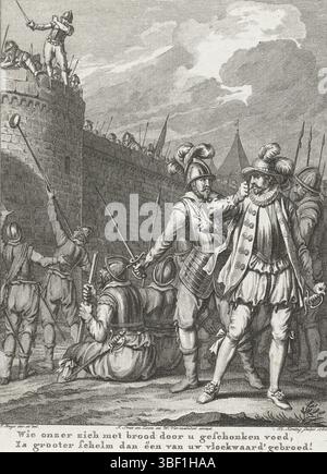 Amsterdam, Smit, Jan Willem, Amsterdam, J. Vermandel, Willem, Buys, Jacobus, Noordelijke Nederlanden, Koning, Theodoor, Taferelen uit het leven van Prinz Willem I., 1568-1584, wer uns von euch mit Brot ernährt, ist größer als eine eurer verfluchten Bruten, Leidener lehnen das Brot ab, das von den Spaniern angeboten wird, 1574, Nordholland, de belagerte Leidenaren lehnen das Brot ab, das von den Spaniern angeboten wird, 1574. 13. Gesang, Druck, Historiker, Drucke, Frederik Müller Historische Aufzeichnungen, Höhe 180 mm, Breite 135 mm, 02.02.3 - 1748 1829-01-31, Druckerei, 1782 - 1782, viertes Viertel 18. Jahrhundert, Papier, e Stockfoto