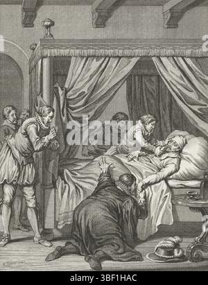 Amsterdam, Smit, Jan Willem, Amsterdam, J. Vermandel, Willem, Buys, Jacobus, Noordelijke Nederlanden, Koning, Theodoor, Taferelen uit het leven van Prinz Willem I., 1568–1584, Gy zyt geweest, myn vrind!, Ziekbed van de Prince, 1574, Nordholland, Philip van Marnix am Krankenbett des Prinzen von Oranje in Rotterdam, August 1574. Ein Junge hält dem Prinzen eine Flasche unter der Nase. 14. Gesang, Print, History Print, Frederik Müller Historyplaten, Höhe 180 mm, Breite 135 mm, 1748 02.03.2019 - 1829-01-31, Druckerei, 1782 - 1782, 4. Quartal 18. Jahrhundert, Papier, Ätzen, Ätzen, Ätzen, Werk Concepti Stockfoto