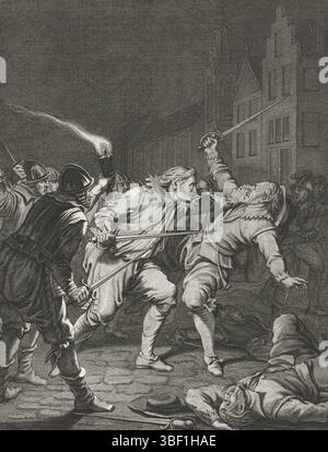 Buys, Jacobus, Buys, Nordholland, King, Theodoor, Szenen aus dem Leben von Prinz Willem I., 1568–1584, Frezin getötet von Goignies, 1581, Frezin (Fresin), der Verräter von Breda, getötet von Goignies mit dem Schwert, 1581. 21. Gesang., Druck, Historiker, Drucke, Frederik Müller historische Aufzeichnungen, Höhe 185 mm, Breite 150 mm, 1748-02-03-1829-31, Druckerei, 1787 - 1787, viertes Viertel 18. Jahrhundert, Papier, Ätzen, Ätzen, Werkkonzeption, Noord-Nederlands, 19. 11. 1724. 04. 1801, nach Entwurf eines zwischengeschalteten Dramaturgen Stockfoto