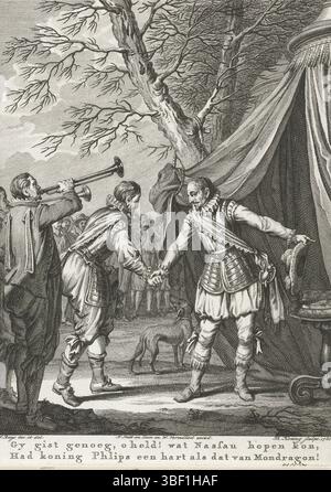 Amsterdam, Smit, Jan Willem, Amsterdam, J. Vermandel, Willem, Buys, Jacobus, Noordelijke Nederlanden, Koning, Theodoor, Szenen aus dem Leben von Prinz Willem I., 1568-1584, Gy Hefe genug, o Held! Was Nassau erhoffen konnte, hatte König Phillips ein Herz wie das Mondragon, traf sich zwischen Orange und Mondragon, 1573, Nordholland, und traf sich 1573 zwischen Willem van Oranje und Mondragon für ein Armeezelt in der Nähe von Middelburg. Elfte singt., Druck, Historiker, Drucke, Frederik Müller Historieplaats, Höhe 180 mm, Breite 135 mm, 1748-02-03-1829-01-31, Druckmaschine, 1781-1781, viertes Quartal 18 Stockfoto