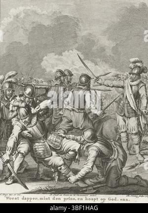 Amsterdam, Smit, Jan Willem, Amsterdam, J. Vermandel, Willem, Buys, Jacobus, Noordelijke Nederlanden, Koning, Theodoor, Taferelen uit het leven van Prinz Willem I., 1568-1584, Bet Brave, Mint den Prinz und Hoffnungen für Gott. Der Tod von Charles de Boisot, 1575, Nordholland, der Tod von Charles de Boisot auf dem Schlachtfeld während einer Schlacht mit Mondragon, 29. September 1575. 17. Lieder, Druck, Geschichtsdruck, Frederik Müller Geschichtsblätter, Höhe 180 mm, Breite 135 mm, 1748-02-31-1829, Printmaker, 1785 - 1785, viertes Viertel 18. Jahrhundert, Papier, Ätzen, Ätzen, Werk Concep Stockfoto