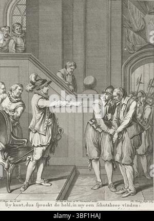 Amsterdam, Smit, Jan Willem, Amsterdam, J. Vermandel, Willem, Buys, Jacobus, Noordelijke Nederlanden, Koning, Theodoor, Taferelen uit het leven van Prinz Willem I., 1568-1584, Gy kan, so spricht der Held, in meinem Kopf finde einen Mäzen:, Ein spanischgesinnter hopman für die Orange brachte, 1577, Nordholland, Ein spanischgesinnter hopman, der an den Prinzen von Orange, 1577 Handschellen gefesselt wurde. Willem feuert Don Juan' Missionar. 18. Singen, Druck, Geschichtsdruck, Drucke, Frederik Müller Geschichtsblätter, Höhe 180 mm, Breite 135 mm, 1748-02-1829 31, Druckerei, 1785 - 1785, Vierte Qu Stockfoto