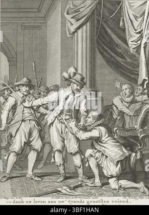 Amsterdam, Smit, Jan Willem, Amsterdam, J. Vermandel, Willem, Buys, Jacobus, Noordelijke Nederlanden, Koning, Theodoor, Taferelen uit het leven van Prinz Willem I., 1568-1584, danke für euer Leben an den größten Freund Ihres Vyand, Burgemeester Aerschot, geschützt durch Ryhove, 1577, Nordholland, Aerschot, Bürgermeister von Gent, geschützt durch Francois van Ryhove gegen die rebellischen Bewohner, 1577. 19. Gesang, Druck, Historiker, Drucke, Frederik Müller historische Aufzeichnungen, Höhe 180 mm, Breite 135 mm, 1748-02-3-1829-31, Druckerei, 1785 - 1785, viertes Viertel 18. Jahrhundert, PA Stockfoto