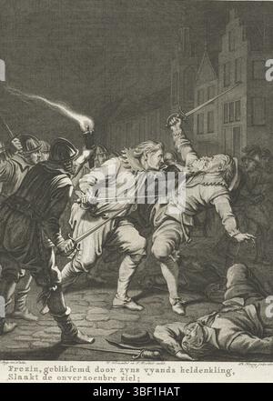 Amsterdam, Smit, Jan Willem, Amsterdam, Vermandel, Willem, Buys, Jacobus, Noordelijke Nederlanden, Koning, Theodoor, Taferelen uit het leven van Prinz Willem I, 1568–1584, Frezin, gelichtensemd door zyns vyand's heldongling, Slaakt de onverzoenbre zel; Frezin door Goignies klaarden, 1581, Nordholland, Frezin (Fresin), de Traitor van Breda, Door Goignies met het Schwertslaard, 1581. 21. Gesang, Druck, Historiker, Drucke, Frederik Müller historische Aufzeichnungen, Höhe 180 mm, Breite 135 mm, 1748-02-03-1829-31, Druckerei, 1787 - 1787, viertes Viertel 18. Jahrhundert, Papier, Ätzung Stockfoto
