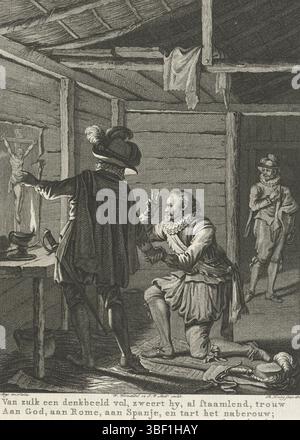 Amsterdam, Smit, Jan Willem, Amsterdam, Vermandel, Willem, Buys, Jacobus, Noordelijke Nederlanden, Koning, Theodoor, Taferelen uit het leven van Prinz Willem I., 1568-1584, Van zou een imaginaal vol, vulgt hy, al staamende, vriendelijk, zu Gott, aan Rome, aan Spanje, en defert het naberebereken;, Het trouw van Rennenberg, 1580, Nordholland, Het trouw van Rennenberg. Rennenberg schwört nachts kniend für ein Bild von Christus am Kreuz, dem spanischen Glauben treu. Farnese ist direkt neben ihm. 1580. Zweiundzwanzigster Gesang, Druck, Historiker, Drucke, Frederik Muller Historyplates, Höhe 180 mm, B Stockfoto