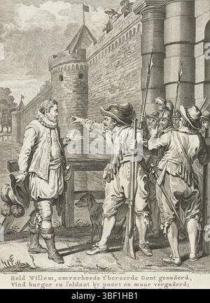 Amsterdam, Smit, Jan Willem, Amsterdam, Vermandel, Willem, Buys, Jacobus, Noordelijke Nederlanden, Brouwer, Cornelis, Taferelen uit het leven van Prinz Willem I., 1568–1584, hielt Willem, omverhuids t’roerde Gent vergred, findet Bürger und Soldaten an Tor und Mauer versammelt;, Oranje besucht nur das rebellische Gent, ca. 1579, Nordholland, ca. 1579. Am Stadttor im Gespräch mit wütenden Soldaten. Vierundzwanzigster Gesang, Druck, Historiker, Drucke, Frederik Müller historische Aufzeichnungen, Höhe 180 mm, Breite 135 mm, Noord-Nederlands, 1735 - 1803-03-31, Printmaker, 1788 - 1788, vierter Quar Stockfoto