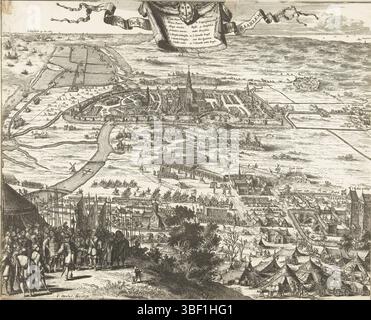 Amsterdam, Decker, Coenraet, Amsterdam, Het Beleg van Haarlem, die Belagerung von Haarlem, 1572-1573, Überblick über die Belagerung der Stadt Haarlem mit der Umgebung aus der Vogelperspektive. Im Vordergrund links spanische Offiziere an der Armeestation der spanischen Truppen, rechts das Haus in Cleve. Auf einer Leinwand mit dem Wappen von Haarlem und der Legende 1-11 in Niederländisch, Druck, Historiker, Buchillustration, Drucke, Frederik Müller Geschichtsplatten, Überblick über die Belagerung der Stadt Haarlem mit der Umgebung aus der Vogelperspektive. Im Vordergrund links Spanisch offi Stockfoto