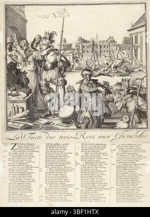 Hooghe, Romeyn de, Nordholland, Spotprints auf Jakob II. Und Ludwig XIV. Und die Ereignisse in den Jahren 1688–1689, La fest des Trois ROIs, aux Invalides, Spotprints auf dem Flug von Jacobus II. Nach Franclijk, 1689 (Kopie), Spotprints auf dem Flug von Jacobus II. Nach Frankreich und seine Ankunft dort in Driekoningen (6. Januar) 1689. König Ludwig XI. Umarmt Maria von Modena, die mit dem Kind angekommen ist. Auf der rechten Seite war König Jakob II. Mit Jakobs Muscheln verziert. In der Mitte der Jesuitenvater Peters (Edward Petre) mit einer päpstlichen Krone unter seinem Mantel. Im Hintergrund fällt der Dauphin aus Stockfoto