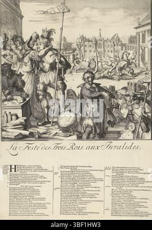 Nordholland, Hooghe, Romeyn de, Spot Prints auf Jakob II. Und Ludwig XIV. Und die Ereignisse in den Jahren 1688-1689, La fest des Trois ROIs, aux Invalides, Spot Prints auf dem Flug von Jacobus II. Nach Franrlik, 1689, Nordholland, Spot Prints auf dem Flug von Jacobus II. Nach Frankreich und seine Ankunft dort in Driekoningen (6. Januar) 1689. König Ludwig XIV. Umarmt Maria von Modena, die mit dem Kind angekommen ist. Auf der rechten Seite war König Jakob II. Mit Jakobs Muscheln verziert. In der Mitte der Jesuitenvater Peters (Edward Petre) mit einer päpstlichen Krone unter seinem Mantel. Im Hintergrund der Daup Stockfoto
