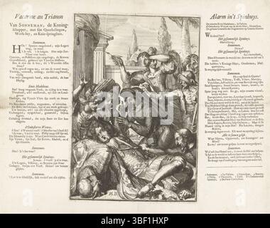 Amsterdam, Allard, Carel, Niederlande, Bouttats, Philibert (I), Nordholland, Hooghe, Romeyn de, Royal Almanach von 1701, 't Lusthof van Momus, Vacarme au Trianon, Alarm i't Spinhuys, Louis XIV fällt krank, nachdem er harte spanische Noten gegessen hat, 1706, Amsterdam, Spotprent über den französischen König Ludwig XIV, der krank wird, nachdem er zu harte spanische Noten gegessen hat, 1706. Die Mätressen beugen sich über den König, im Hintergrund Gebäude und Bäume. Auf beiden Seiten der Platte ein Vers von 2 Säulen in Niederländisch. Teil einer Serie von 19 Karikaturen über die Franzosen und Verbündeten des Jahres 1706., Druck, Frederik Muller Historyp Stockfoto