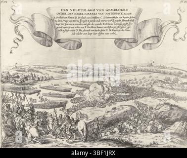 Cnobbaert, Maria, Baur, Johann Wilhelm, Südholland, Wijngaerde, Frans van den, den pitchslagh van Gemblowers onder den heere Ioannes van Oostenryck, an. 1578, Schlacht von Gemblwers, 1578, 31. Januar 1578. Schlacht, in der die Staatsarmee von der Farnesischen Armee besiegt wird. In der Ferne die Städte Namur und Gembloux. Top einer Band mit dem Titel und der Legende A-H auf Niederländisch. Druck, Geschichte, Drucke, Frederik Muller Historyplaten, Höhe 257 mm, Breite 320 mm, Zuid-Nederlands, 2011-07-08 - 1614 1679-03-17, Drucker, 1643 - 1645, zweites Viertel 17. Jahrhundert, Papier, Ätzen, Werkkonzeption, Keim Stockfoto