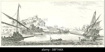 Frankreich, französische Krone, Paris, Henrie, Israel, Frankreich, Bella, Stefano della, verschiedene Landschaften, Küstenlandschaft mit Schiffen vor der Küste, verso - gestempelt, Blick vom Meer auf eine Küste mit Festung auf einem Hügel. Mehrere Schiffe sind vor der Küste. Im Vordergrund zwei Galeeren, Druck, Höhe 116 mm, Breite 255 mm, Italienisch, 18.05.1610, 27.07.1664, Druckerei, 1620.1664, Papier, Ätzen, Publikation (Veranstaltung), Publikation, Französisch, 1590 - 1661, Verlag, Provider der Berechtigung Stockfoto