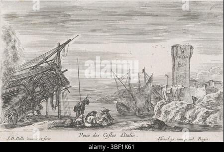 Frankreich, französische Krone, Paris, Henrie, Israel, Frankreich, Bella, Stefano della, Vues de Ports de Mer, Seehäfen, Veuë des costes d'Italie, Blick auf die Küste Italiens, Verso - gestempelt, Eine Küstenlandschaft mit rechts einem Turm. Vier Männer spielen Karten im Vordergrund. Links ein Schiff auf der Seite., bedruckt, Höhe 86 mm, Breite 135 mm, Italienisch, 18.05.1610, 27.07.1664, Druckerei, 1647.1647, Papier, Ätzen, Werkkonzeption, nach eigenem Entwurf, Publikation (Event), Publikation, Französisch, 1590 - 1661, Herausgeber, Provider der Berechtigung Stockfoto