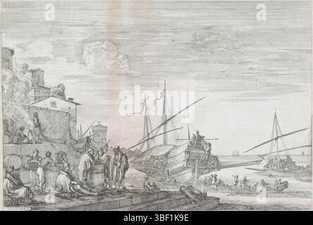 Unbekannt, Italien, Bella, Stefano della, Vues de Port de Livourne, Hafen von Livorno, zwei Galeerschiffe im Hafen von Livorno, unbekannt, verso - gestempelt, Blick auf den Hafen von Livorno mit zwei Galeereschiffen. Links am Kai befinden sich Hafenarbeiter und Händler. Im Hintergrund links Gebäude und Turm an der Küste., Druck, Höhe 252 mm, Breite 355 mm, Italienisch, 18.05.1610, 27.07.1664, Druckerei, 1655.1655, Papier, Ätzen, Arbeitskonzeption, nach eigenem Entwurf, Anbieter von Privilegien Stockfoto