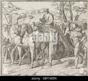 Vatikanstadt, Raffael, Italien, Borgianni, Orazio, Gemälde in der Loggia des Raffael, David kehrt triumphierend nach Jerusalem zurück, verso - gestempelt, König David und seine Soldaten kehren triumphierend nach Jerusalem zurück. David steht auf einem von zwei Pferden gezogenen Triumphwagen, bedruckt, Höhe 155 mm, Breite 180 mm, 1578 - 1616-01-11, Drucker, 1615 - 1615, Papier, Ätzen, 1483-07 - 1520-04-07, nach dem Lackieren von Stockfoto