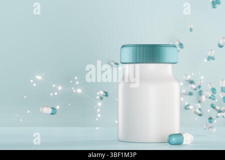 Weiße Arzneimittelflasche umgeben von schwebenden blauen und weißen Kapseln auf blauem Hintergrund.3D-Darstellung Stockfoto