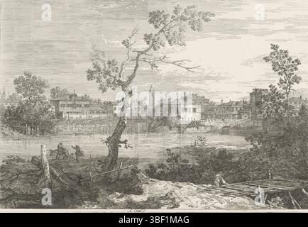 Venedig, Canaletto, Venedig, Vedute altre prese da i Luoghi altre ideal da Antonio Canal, Blick auf bestehende und erfundene Orte, Blick auf Dorf an Fluss, Blick auf Dorf an Fluss (möglicherweise die Brenta). Häuser und ein Glockenturm auf der anderen Seite des Flusses. Im Vordergrund rechts ein Mann auf einer Holzbrücke., Druck, Höhe 298 mm, Breite 434 mm, Italienisch, 1697 - 1768-04-20, Printmaker, 1707 - 1768, Papier, Ätzen, Arbeitskonzeption nach seinem eigenen Entwurf Stockfoto