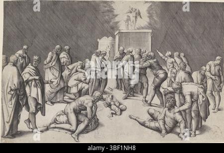 Italien, Franco, Battista, Bundeslade im Tempel von Dagon, Italien, verso - gestempelt, platzieren die Philister die Bundeslade im Tempel von Dagon. Stücke eines gebrochenen Bildes liegen auf dem Boden., Druck, Höhe 265 mm, Breite 413 mm, Italienisch, 1510 - 1561, Druckmaschine, 1520 - 1561, Papier, Ätzen, Ätzen Stockfoto