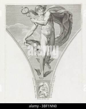 Vatikanstadt, Clemens XI, Italien, Albani, Francesco, Pietri, Pietro Antonio de, Rom, Frezza, Giovanni Girolamo, Gemälde von Francesco Albani, Mercury, versogestempelt, der Gott Mercury mit geflügeltem Helm, geflügelte Sandalen und sein Mercurius-Stab. Dekor eines Pendels, Druck, Höhe 356 mm, Breite 280 mm, Italienisch, 1659 - 1748, Druckerei, 1704 - 1704, Papier, Gravur, Gravur (Druckverfahren), 1663 2011-02-20 - 1716-12-20, Mittelschlepper, nach Zeichnung, 1578 - 1660-10-04, nach, nach Malerei, Arbeitskonzept, nach Entwurf, 22. 07.03.1919, 1649-03-1721, Provider der Berechtigung Stockfoto