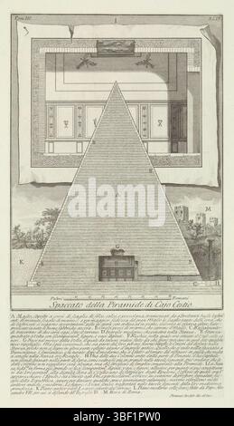 Rom, Piranesi, Giovanni Battista, Rom, Le Antichità Romane, archäologische Funde in und um Rom, Spaccato della Pyramid di Cajo Cestio, Querschnitt der Cestiuspyramide in Rom, verso-gestempelt, Querschnitt der Cestiuspyramide in Rom. In der Mitte der Pyramide befindet sich die Grabkammer von Gaius Cestius mit Gemälden an den Wänden. Titel Mitte unten. Nummeriert Oben Links: Tom. Nummeriert oben rechts: XLIV. Unter einer erläuternden Liste von Buchstaben, gedruckt von einem anderen Schild, bedruckt, Höhe 320 mm, Breite 235 mm, Höhe 93 mm, Italienisch, 1720-10-09, 1778-11-09, Druckerei, 1756-175 Stockfoto