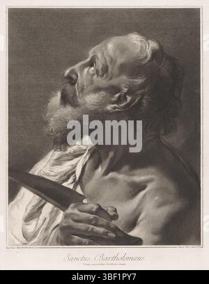 Venedig, Senat von Venedig, Venedig, Piazzetta, Giovanni Battista, Pitteri, Giovanni Marco, Apostel, Sanctus Bartholomaia, Apostel Bartolomaia, rückseitig gestempelt, nummeriert unten rechts: VIII., bedruckt, Höhe 434 mm, Breite 338 mm, Italienisch, 24.05.1702 - 04.08.1786, Druckerei, 1712 - 1786, Papier, Gravur, Gravur (Druckverfahren), 13. Februar 1682 - 29. April 1754, danach durch Lackieren, Lieferant von Privilegien Stockfoto