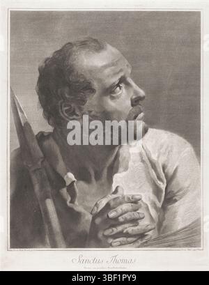 Venedig, Senat von Venedig, Venedig, Piazzetta, Giovanni Battista, Pitteri, Giovanni Marco, Apostel, Sanctus Thomas, Apostel Tomas, rückseitig gestempelt, nummeriert unten rechts: V., bedruckt, Höhe 440 mm, Breite 340 mm, Italienisch, 24.05.1702 - 04.08.1786, Druckerei, 1712 - 1786, Papier, Gravur, Gravur (Druckverfahren), 13. Februar 1682 - 29. April 1754, danach, durch Anstreichen, Lieferant von Privilegien Stockfoto