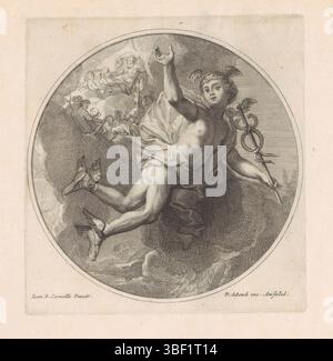 Niederlande und Westfriesland, Amsterdam, Schenk, Pieter (I), Corneille, Jean-Baptiste, Sluyter, Pieter, Le Cabinet des Beaux Arts, de Schatkamer der Vrye Konsten, Mercurius, Plafondstuk mit dem Gott Mercury, fliegt mit dem Caduceus in der Hand. Im Hintergrund die Götter des Olymp auf den Wolken. Print ist Teil eines Albums., Print, Albumsheet, Prints, Höhe 160 mm, Breite 151 mm, Noord-Nederlands, 1675 - 1733, Druckmaschine, 1693 - 1693, Papier, Ätzen, Gravieren, Gravieren (Druckverfahren), Arbeitskonzeption, Französisch, 1649-12-02-1695-04-12, nach, nach Malerei, Publikation (Veranstaltung), P Stockfoto