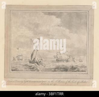 Velde, Willem van de (II), Baillie, William, Schiffe auf einer ruhigen See, der Druck ist Teil eines Albums., Druck, Albumblatt, Abzüge, Höhe 208 mm, Breite 231 mm, irisch, 1723-06-5-1810-12-22, Druckmaschine, 1772-02-24, 1772-02-24, Papier, Paste, Zeichnung drucken, gepunktet, Buntstift, Buntstifteisen, Nord-Niederlande, 18. 12. 1633. 04. 06. 1707 Stockfoto