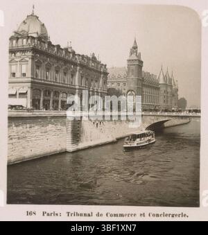 Paris, neue Photographic Gesellschaft, Paris: Tribunal de Commerce et Conciergerie, Gesicht an den Ufern entlang der seine in Paris, mit im Hintergrund die Conciergerie, Paris, Recto - gedruckt, Stereogramm, Stereophoto, Fotos, NPG, 168, Höhe 88 mm, Breite 179 mm, Fotograf, 1895 - 1905, Pappe, Fotopapier, Gelatinedruck, Entwicklungsgelatinedruck Stockfoto