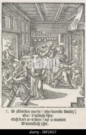 Wierix, Hieronymus, Amsterdam, Shechem, Christoffel van (II), de kindsheyd onzes heren Iesu Christi, Jugend Christi, Christkind fegt den Boden, rückwärts links - gestempelt, Het Christkind fegt den Boden im Haus. Joseph schließt sich der Mauer an. Zwei Engel helfen. Maria kocht. Am unteren Rand vier Zeilen niederländischer Text., Druck, Höhe 137 mm, Breite 87 mm, Noord-Nederlands, 1581 - 1658-07-02, Druckerei, 1617 - 1617, Papier, Holzschnitt, Buchdruck, Buchdruck, Werkkonzeption, Zuid-Nederlands, 1553 - 1619-11-01 Stockfoto