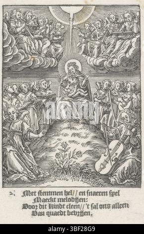 Wierix, Hieronymus, Amsterdam, Shechem, Christoffel van (II), de kindsheyd onzes lorden Iesu Christi, Jugend Christi, engelische Chöre um das Christkind, verso gelassen unter - gestempelt, Maria sitzt mit dem Christuskind auf ihrem Schoß auf einem Hügel. Sie sind umgeben von musikalischen und singenden Engeln. Am unteren Rand vier Zeilen niederländischer Text., Druck, Höhe 137 mm, Breite 84 mm, Noord-Nederlands, 1581 - 1658-07-02, Druckerei, 1617 - 1617, Papier, Holzschnitt, Buchdruck, Buchdruck, Werkkonzeption, Zuid-Nederlands, 1553 - 1619-11-01 Stockfoto