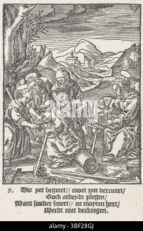 Wierix, Hieronymus, Amsterdam, Shechem, Christoffel van (II), de kindsheyd onzes lorden Iesu Christi, die Jugend Christi, Christkind sägt einen Baumstamm, verso gelassen unter - gestempelt, Het Christkind, geholfen von zwei Engeln, sägt einen Baumstamm in Stücke. Sein Vater Joseph sieht zu. Maria dreht sich. Im unteren Rand vier Zeilen niederländischer Text., Druck, Höhe 136 mm, Breite 85 mm, Noord-Nederlands, 1581 - 1658-07-02, Druckerei, 1617 - 1617, Papier, Holzschnitt, Buchdruck, Buchdruck, Werkkonzeption, Zuid-Nederlands, 1553 - 1619-11-01 Stockfoto