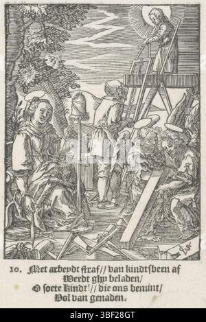 Wierix, Hieronymus, Amsterdam, Shechem, Christoffel van (II), de kindsheyd onzes lorden Iesu Christi, die Jugend Christi, Christkind hilft Jozef beim Sägen, rückwärts gelassen - gestempelt, sieht das Christkind zusammen mit seinem Vater Joseph. Zwei Engel im Vordergrund heben einen Strahl. Marias Spinngarn. Am unteren Rand vier Zeilen niederländischer Text., Druck, Höhe 136 mm, Breite 86 mm, Noord-Nederlands, 1581 - 1658-07-02, Druckerei, 1617 - 1617, Papier, Holzschnitt, Buchdruck, Buchdruck, Werkkonzeption, Zuid-Nederlands, 1553 - 1619-11-01 Stockfoto