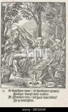 Wierix, Hieronymus, Amsterdam, Shechem, Christoffel van (II), de kindsheyd onzes lorden Iesu Christi, die Jugend Christi, Christkind schläft in der Wiege, rückwärts gelassen - gestempelt, Landschaft mit dem Christkind schlafend in seiner Wiege. Zwei Engel bewachen ihn. Maria sitzt neben dem Kinderbett und näht. Am unteren Rand vier Zeilen niederländischer Text., Druck, Höhe 137 mm, Breite 84 mm, Noord-Nederlands, 1581 - 1658-07-02, Druckerei, 1617 - 1617, Papier, Holzschnitt, Buchdruck, Buchdruck, Werkkonzeption, Zuid-Nederlands, 1553 - 1619-11-01 Stockfoto