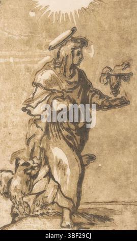 Italien, Parmigianino, Italien, Trient, Antonio da, Christus und die zwölf Apostel, Heiliger Johannes der Evangelist, verso - gestempelt, der stehende Apostel Johannes mit Jünger und Adler., Druck, Höhe 122 mm, Breite 76 mm, Italienisch, 1510 - 1550, Druckerei, 1520 - 1550, 16. Jahrhundert, Papier, clair-obscur-Holzschnitt, Werkkonzeption, 11. 01. 1503 - 24. 08. 1540 Stockfoto