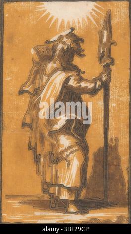 Italien, Parmigianino, Italien, Trient, Antonio da, Christus und die zwölf Apostel, Matthäus, verso - gestempelt, der stehende Apostel Matthäus mit Höllenbart., Druck, Höhe 128 mm, Breite 75 mm, Italienisch, 1510 - 1550, Druckerei, 1520 - 1550, 16. Jahrhundert, Papier, clair-obscur-Holzschnitt, Werkkonzeption, 11. 01. 1503 - 24. 08. 1540 Stockfoto