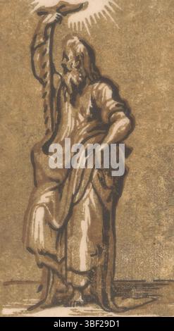 Italien, Parmigianino, Italien, Trient, Antonio da, Christus und die zwölf Apostel, St. Simon, verso - gestempelt, der stehende Apostel Simon mit Säge., Druck, Höhe 123 mm, Breite 70 mm, Italienisch, 1510 - 1550, Druckerei, 1520 - 1550, 16. Jahrhundert, Papier, clair-obscur-Holzschnitt, Arbeitskonzept, 11. 01. 1503 - 24. 08. 1540 Stockfoto