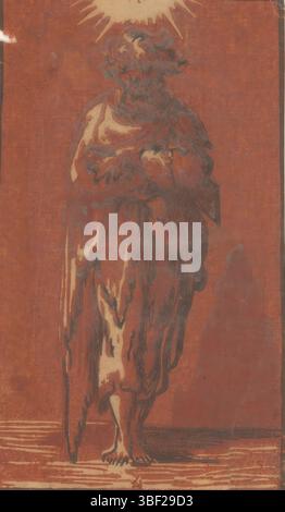 Italien, Parmigianino, Italien, Trient, Antonio da, Christus und die zwölf Apostel, heiliger Judas Taddeus, verso - gestempelt, der stehende Apostel Judas mit Armen geschlagen., Druck, Höhe 123 mm, Breite 70 mm, Italienisch, 1510 - 1550, Druckerei, 1520 - 1550, 16. Jahrhundert, Papier, clair-obscur-Holzschnitt, Werkkonzeption, 11. 01. 1503 - 24. 08. 1540 Stockfoto